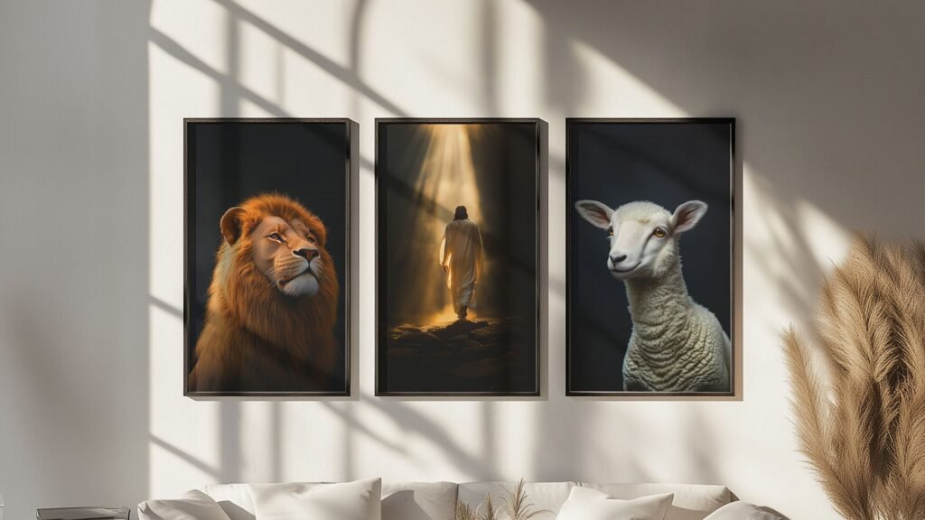 Jesus the lion and the lamb wall art in a white minimaistic living room