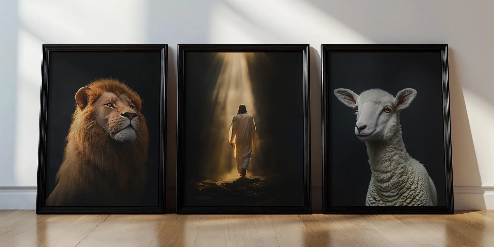 three picture frames on the floor leaned against wall pictures show lion lamb and jesus