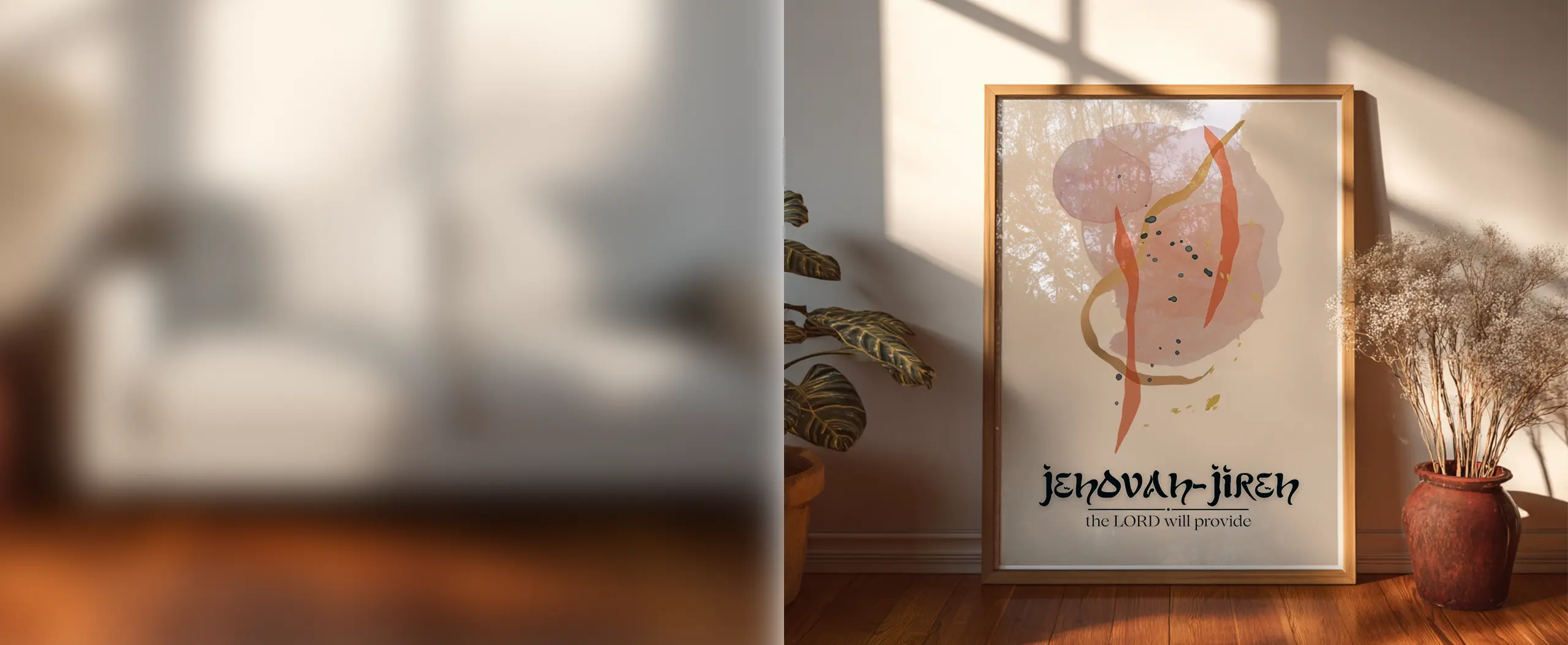picture framed on dark wood floor leaned against white wall